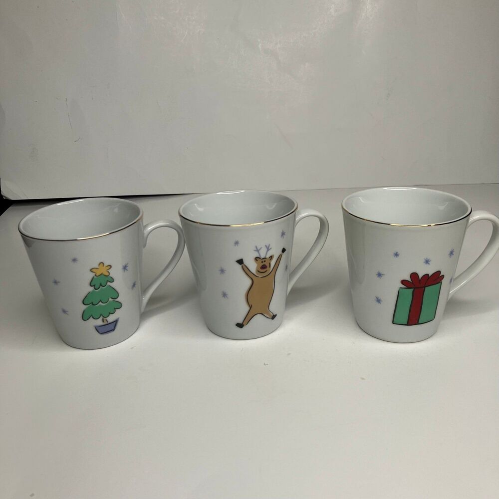 Merry Brite Merry Christmas Coffee Mugs Cups Set Of 3 Gold Rim Holiday Santa 8oz